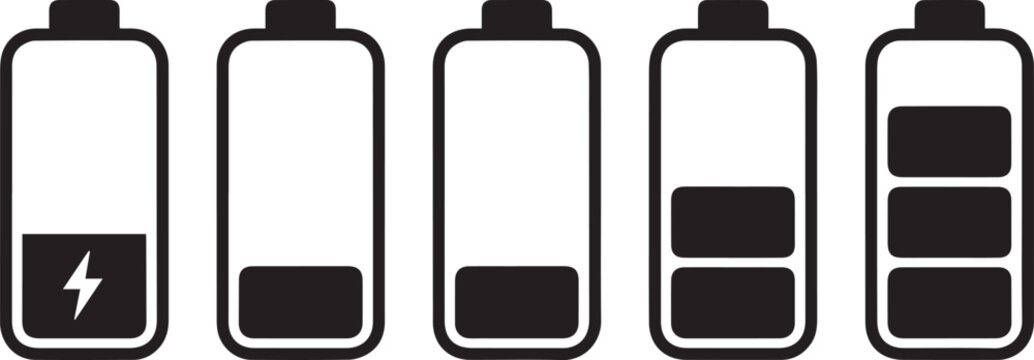 Set of black battery level indicator icons representing different stages of power charge for digital devices and electronic hardware equipment