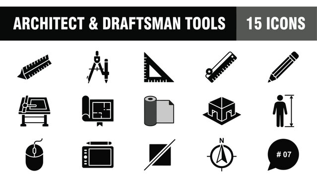 Architect tools, drafting icons, 15 black vector graphics, engineering symbols, design elements