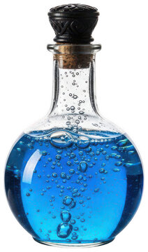 Vibrant blue magic elixir in a bubbling glass potion bottle with a cork isolated transparent background image