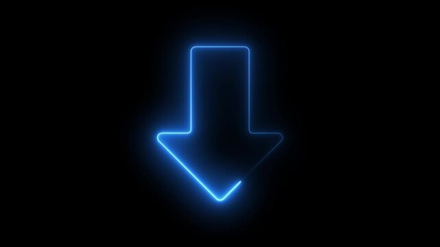 Animated neon line arrow pointing down on black background. Abstract glowing down arrow icon animation. 4k video