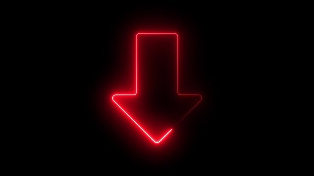 Animated neon line arrow pointing down on black background. Abstract glowing down arrow icon animation. 4k video