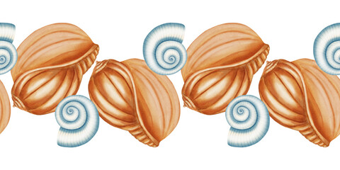 Watercolor seamless border featuring hand drawn conch seashells. Nautical repeating pattern with sea shells. Children's, nautical, travel themes. Suitable for design, prints, postcards, sea travel © Elli