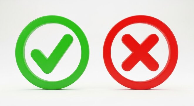 Detailed isometric style presentation of standard green check mark and red cross error circle icons on a white base