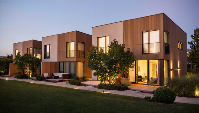Modern residential living units with wooden exterior at dusk real estate architecture townhouse