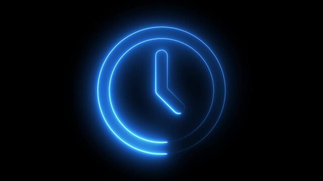 Abstract neon clock icon animation background. Clock icon neon light 24 Hour Day Fast Speed. Royal blue circle digital and analog clock neon looped black background 4k video.