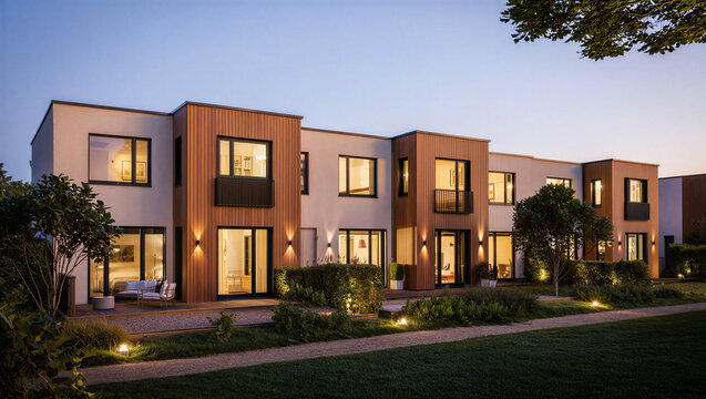 Modern luxury townhouses with illuminated facade at dusk real estate architecture townhouse