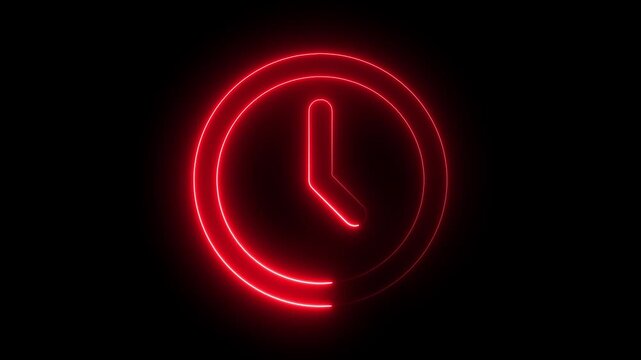 Abstract neon clock icon animation background. Clock icon neon light 24 Hour Day Fast Speed. Royal blue circle digital and analog clock neon looped black background 4k video.