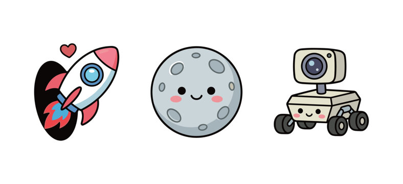 Kawaii outer space adventure sticker collection featuring cute rocket ship full moon with craters and funny mars lunar rover vehicle