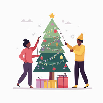 Couple Decorating Christmas Tree with Ornaments and Lights