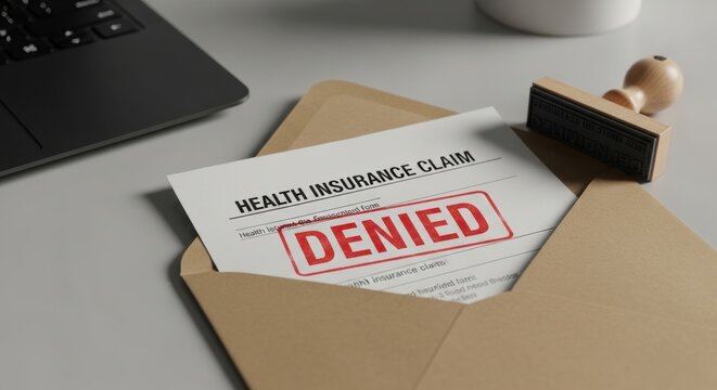 Official health insurance claim paperwork resting inside a craft envelope marked with a bold red DENIED stamp