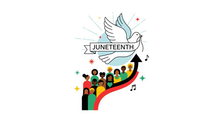 Fototapeta premium Juneteenth celebration crowd with rainbow pathway and dove emblem.