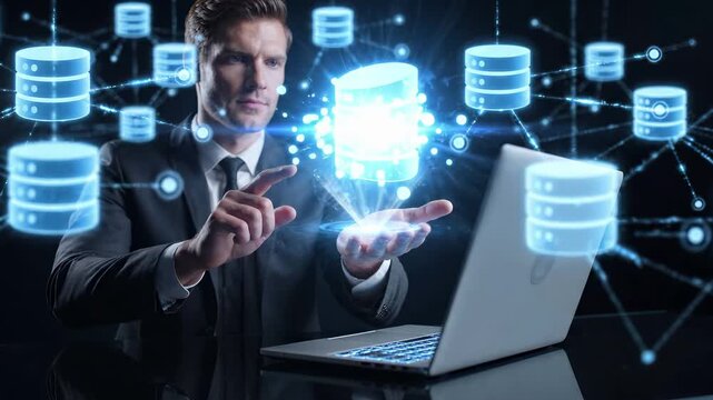 Businessman interacting with a database server network on a laptop. Data storage, cloud computing, and information technology system. Digital connection, cyber security, and big analytics