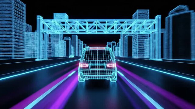 Futuristic wireframe car driving on a neon highway through a virtual city skyline at night. Autonomous vehicle navigation, smart transport technology, and digital simulation of urban traffic.