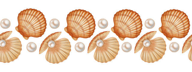Seamless watercolor border with seashells and pearls. Hand drawn marine illustration of scallops, pearls. Children's, nautical, travel themes. Suitable for design, prints, postcards, sea travel © Elli