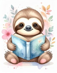 Fototapeta premium A cute cartoon sloth with big eyes is sitting and happily reading a blue book, surrounded by colorful pastel flowers and leaves.