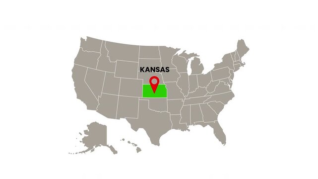 United States map with Kansas state highlighted in green and marked with a red location pin