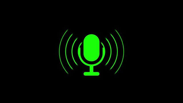 Animation of white microphone and sound wave. Audio listening Microphone symbol icon animation. White color radio wave and voice recording podcast mic microphone button icon. Audio microphone