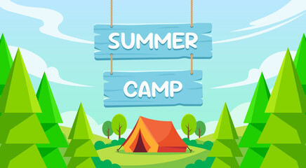 Summer camp banner with a tent in a green forest landscape. © Blank mind