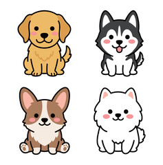 Fototapeta premium Cute puppy dog breed sticker collection featuring cartoon golden retriever siberian husky welsh corgi and white pomeranian puppy