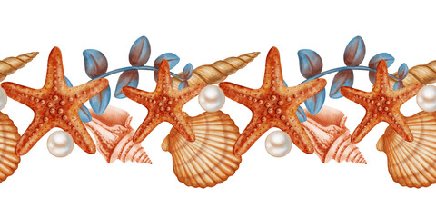 Seamless watercolor border with starfish, seashells, seaweed and pearls. Hand painted marine life illustration. Children's, nautical, travel themes. Suitable for design, prints, postcards, sea travel © Elli