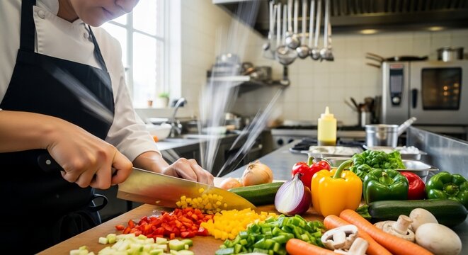 Chef chopping vegetables kitchen