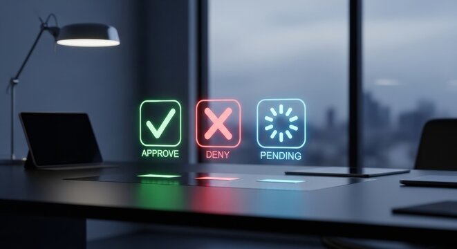 Corporate meeting room desk showing holographic status indicators for business workflows illuminated in the dark