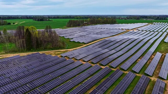 Rows of solar panels stretch across lush fields and intersecting dirt paths. Captures renewable energy concepts. Suitable for environmental projects or documentaries.