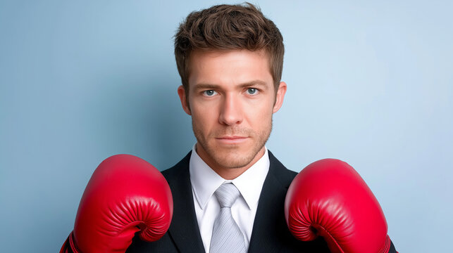 Male boxer in formal suit wearing red boxing gloves poses confidently against a light blue background, showcasing a unique blend of professionalism and athleticism