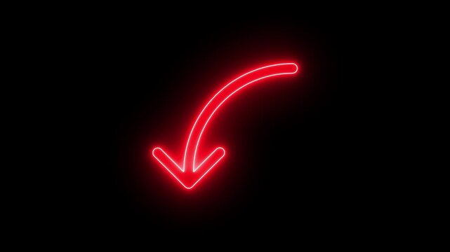 4k neon line arrow animation to indicate an object. arrow animation following wavy dotted line. target arrow icon on black background.