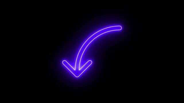 4k neon line arrow animation to indicate an object. arrow animation following wavy dotted line. target arrow icon on black background.