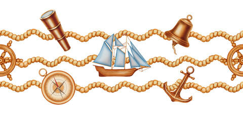 Seamless watercolor nautical border with sailboat, compass, telescope and bell. Children's, nautical, travel themes. Suitable for design, prints, postcards, sea travel © Elli