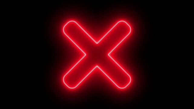 Red neon cross X mark symbol animation, representing rejection or mistake isolated on transparent background. Attention, no, decline, red, stop, warning, paintbrush, error, cancel