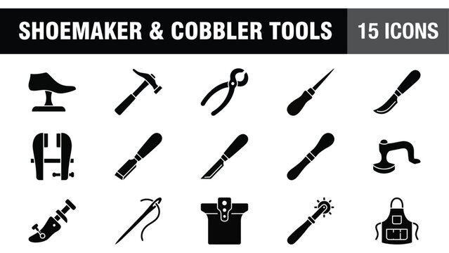 Shoemaker tools, cobbler icons, 15 black vector graphics, shoe repair equipment, flat design symbols