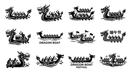 Dragon boat festival logos and icons black silhouettes on white background various designs © Shovon