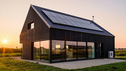 Obraz premium Sustainable modern black house with solar panels at sunset eco friendly solar energy sustainable