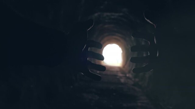Walking Through Dark Tunnel With Hands Reaching Toward Bright Light, Handheld Cinematic Point of View Scene About Hope, Escape and Survival