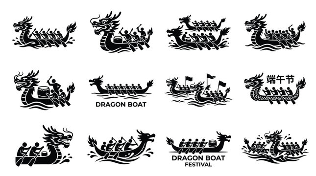 Dragon boat festival logos and icons black silhouettes on white background various designs