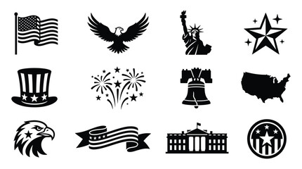 Obraz premium Collection of iconic american patriotic symbols and elements in a clean modern black and white vector graphic design for national holidays and celebrations featuring flag eagle