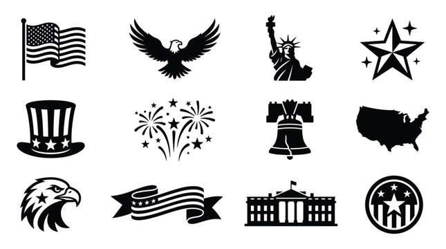 Collection of iconic american patriotic symbols and elements in a clean modern black and white vector graphic design for national holidays and celebrations featuring flag eagle