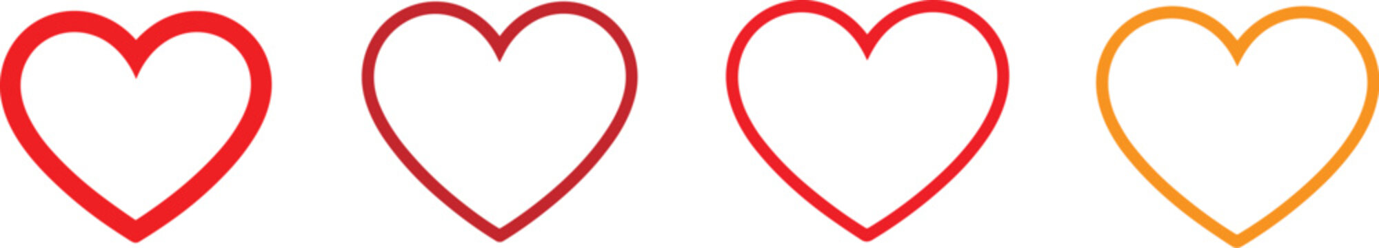 Four outline heart shapes in different colors and shades of red and orange arranged horizontally