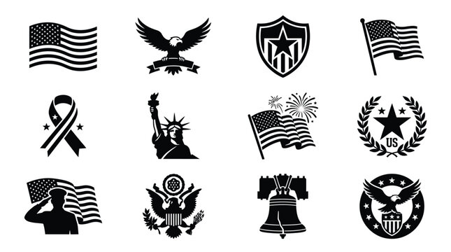Patriotic american icons bundle with flags eagles and symbols for independence day and flag day