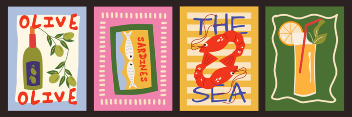 Dolce vita Italian posters in cartoon style. Bright postcards, shrimp, cocktails, seafood in trendy retro style. Decor for kitchens, cafes and restaurants. Minimalist banners for wall decor. © Sinta Alfa