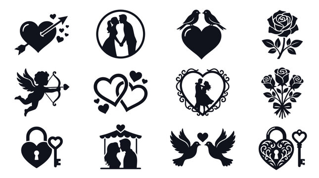 Collection of romantic silhouette icons and symbols featuring hearts pierced by arrows kissing couples embracing pairs love locks with keys doves roses and cupid conveying love