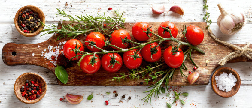 Fresh Cherry Tomatoes with Herbs and Spices on Rustic Wooden Board .AI Generative