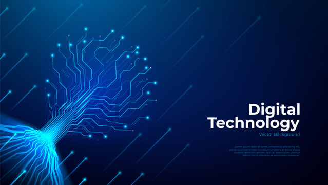 Dynamic glowing digital flow. Blue light lines  form tech data tree concept with circuit lines and glowing elements. Vector illustration with big data stream. Metaverse, cyberspace or AI concept.