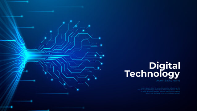 Abstract technology blue background. Digital data tree concept. Glowing neon circuit lines forming technology tree or big data stream. Metaverse, cyberspace or artificial intelligence concept.