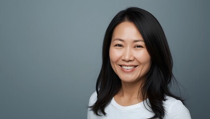 Obraz premium Senior happy middle aged mature asian woman headshot portrait. Hair care advertising on a gradient background.