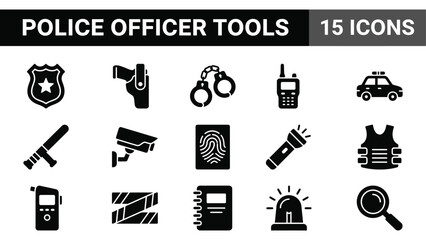 Police officer tools, law enforcement icons, 15 black vector graphics, crime prevention symbols, police equipment illustrations © Mahraz