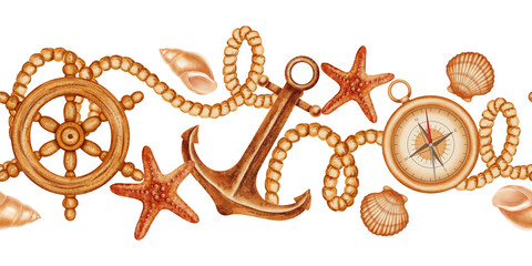 Nautical watercolor seamless border with anchor, vintage compass, steering wheel, and starfish. Children's, nautical, travel themes. Suitable for design, prints, postcards, sea travel © Elli