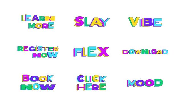 Social media bouncy multicolor words animation set. Website register now. Download click here. Slay vibe. Animated playful CTA collection. Fun call-to-action typography in squash-and-stretch motion